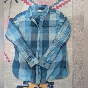 Columbia Long Sleeve Button Down  With Zipper Pocket - Teal Plaid - Women Size L